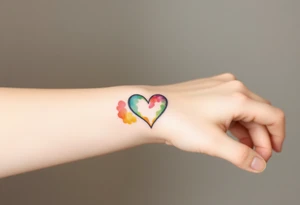 A watercolor infinity symbol with heart in rainbow colors tattoo idea