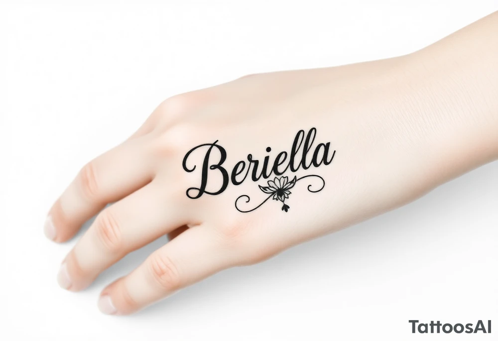 "Briella" in gangster style on hand along thumb tattoo idea