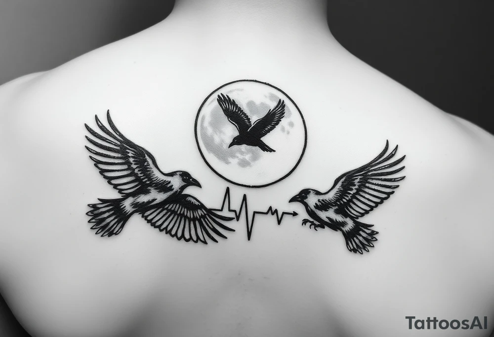 Create a minimalist tattoo design symbolizing the deep connection between a mother and daughter, featuring the initials L and E. Incorporate two crows flying around a full moon, connected by an ECG heartbeat line that represents their shared life energy. The design should feel mystical, balanced, and emotionally meaningful.” tattoo idea