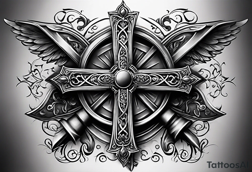 A cross under that is a scroll with my family’s names on it and put some stars around it tattoo idea