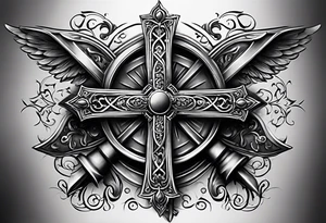 A cross under that is a scroll with my family’s names on it and put some stars around it tattoo idea