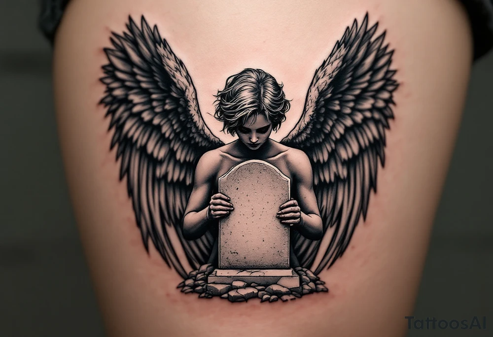 Angel with short hair holding headstone infront of her with large wings tattoo idea