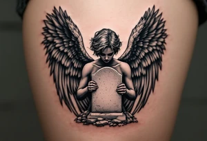 Angel with short hair holding headstone infront of her with large wings tattoo idea