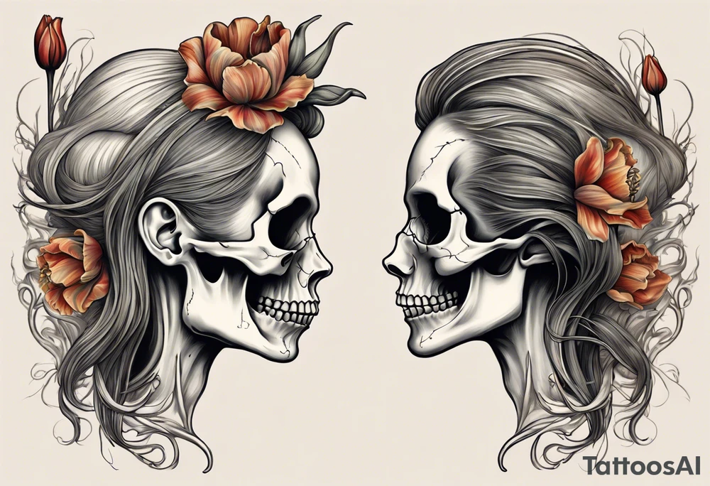 A profile view of a joyful female skull adorned with flowing, long hair, surrounded by symbolism representing the cycle of life and decay. Include a contrast between a fully decayed tulip, a pristine and vibrant tulip in full bloom, and a delicate tulip bud, all harmonizing with the eerie yet beautiful ambiance of the scene. tattoo idea