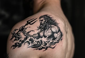 fit poseidon, with trident, in rough water, looking at the horizon tattoo idea