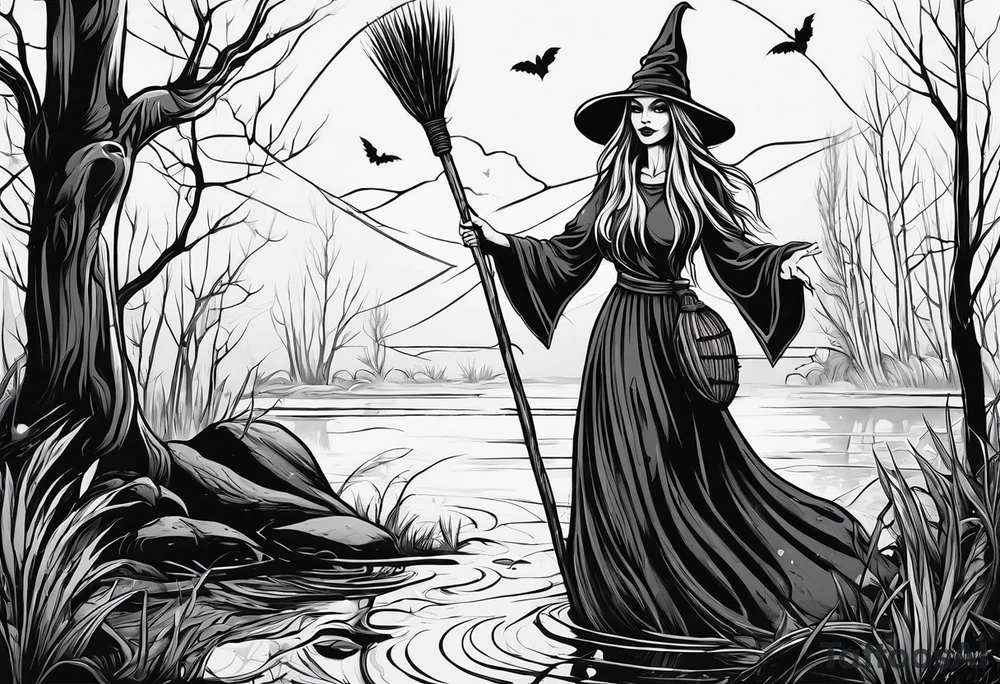 Slavic swamp witch with a broom creepy tattoo idea