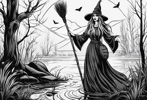 Slavic swamp witch with a broom creepy tattoo idea