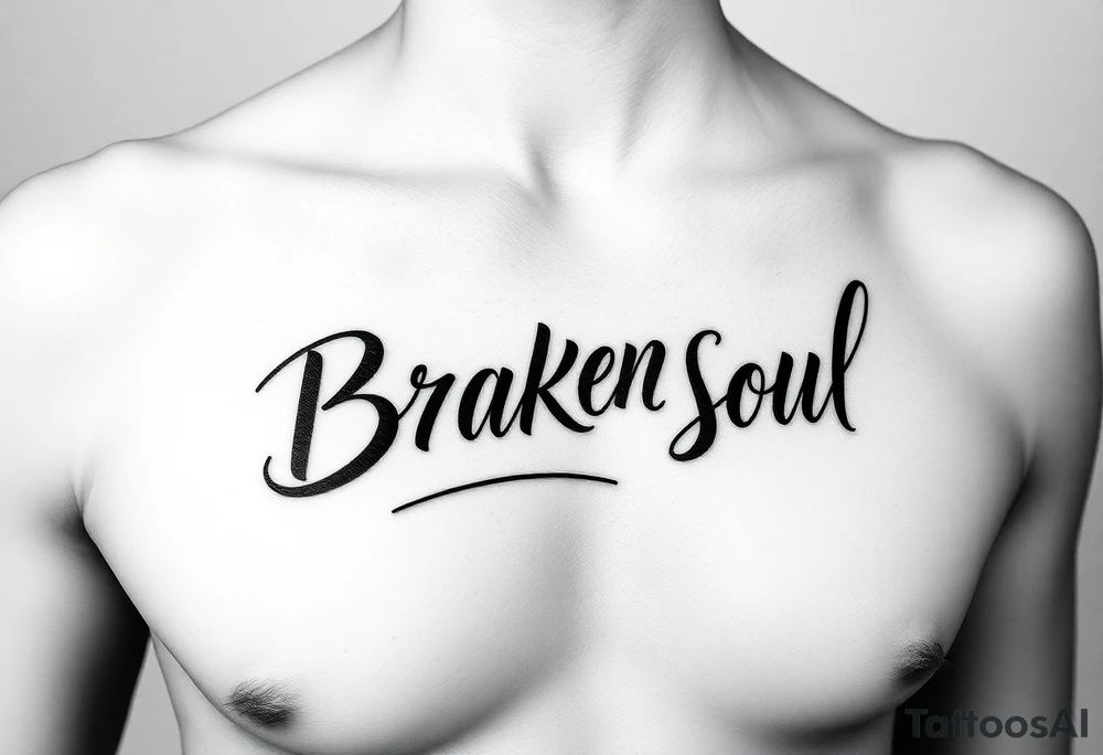 Broken Soul in calligraphy handwriting writing on the side of breast for a woman tattoo idea
