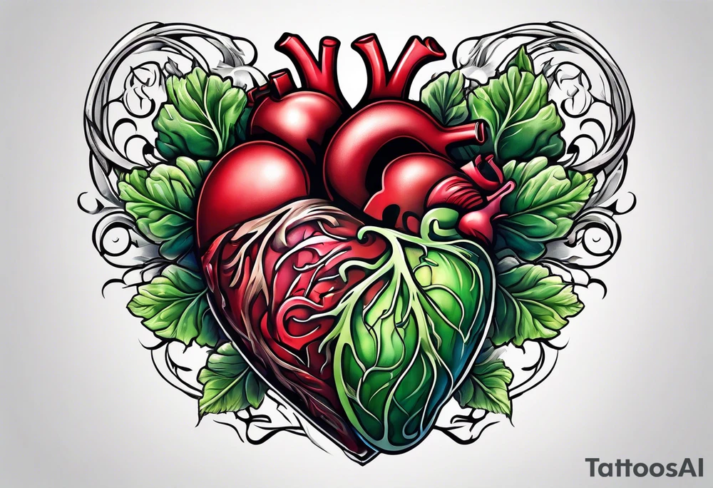 Human heart intertwined with cabbage leaved tattoo idea