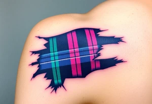 Dark Purple with green pink blue and white highlights tartan fabric on bicep with skin tearing away to reveal tartan underneath tattoo idea