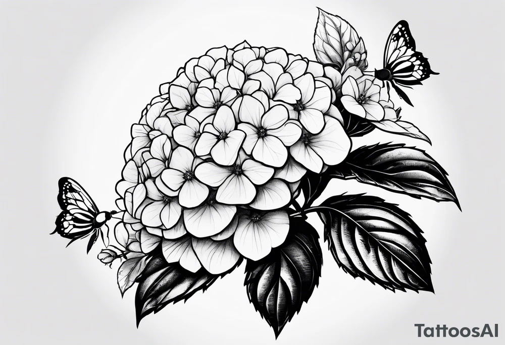 3 in by 2 in minimalist no color tattoo for forearm of a Hydrangea, bee, and M tattoo idea