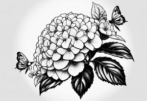 3 in by 2 in minimalist no color tattoo for forearm of a Hydrangea, bee, and M tattoo idea