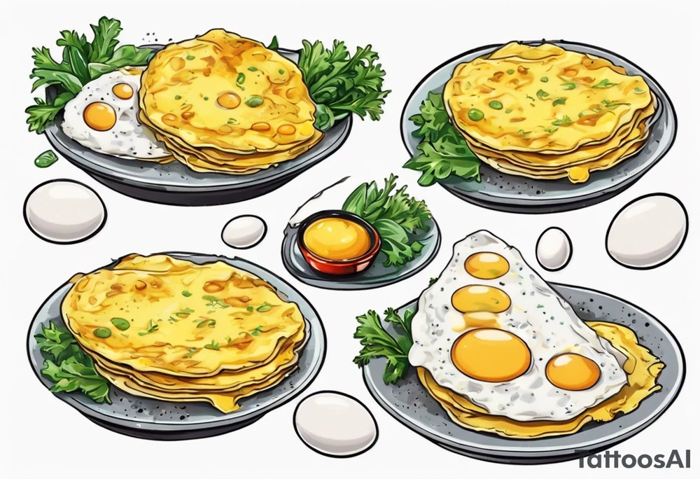 A round, thin omelette made from five eggs with salt pepper and a bit greens tattoo idea