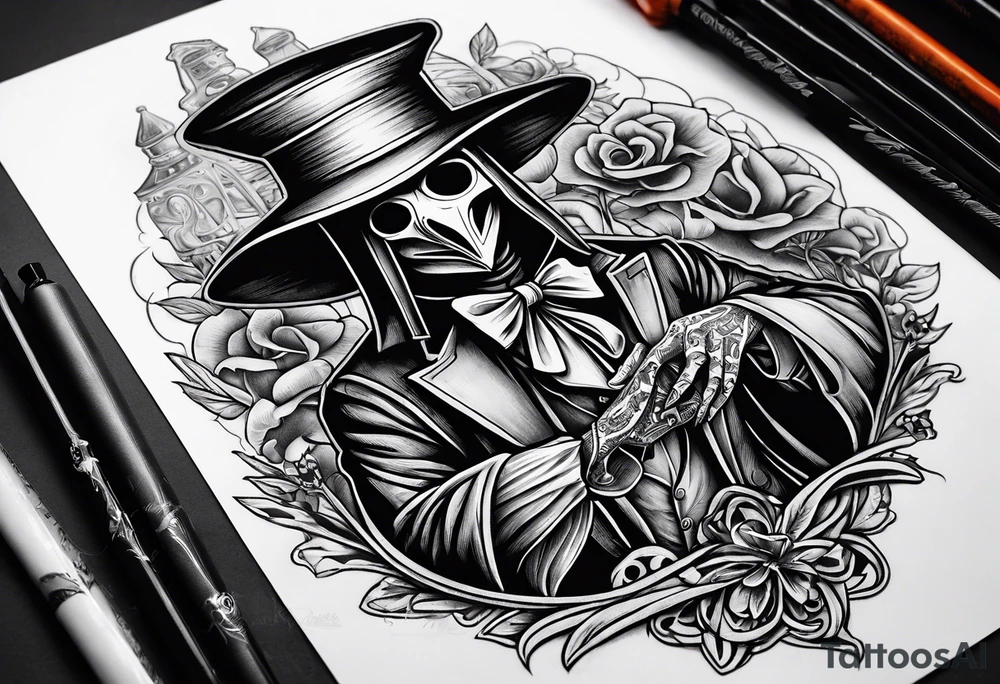 plague doctor with a skeleton hand holding medicine tattoo idea