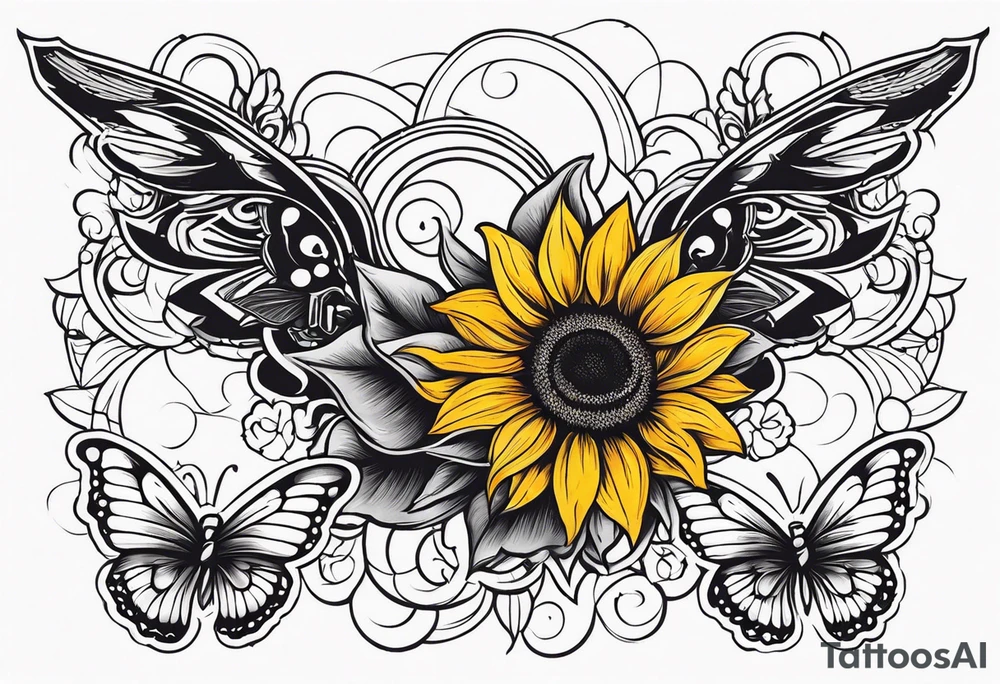Arm sleeve with Winged cross with sunflower and butterflies tattoo idea