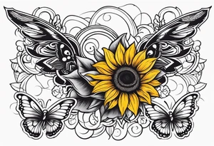 Arm sleeve with Winged cross with sunflower and butterflies tattoo idea