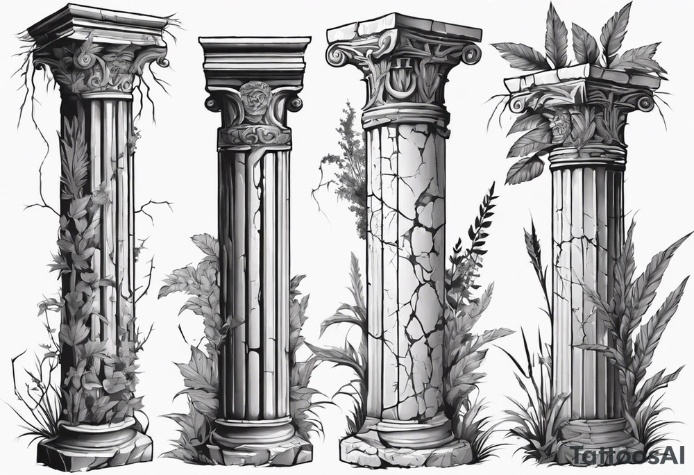 Ancient roman pillar in the Ionian style. It has cracks on it, and on the lower half some overgrown plants. It is broken halfway. tattoo idea