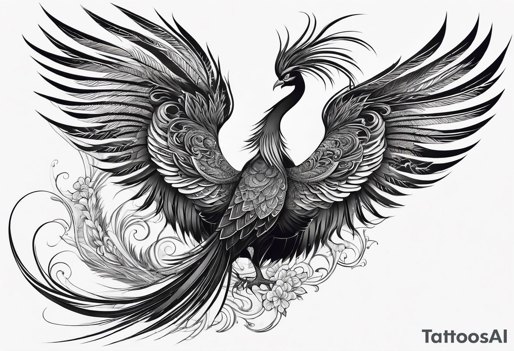 graceful asian style phoenix with extra long tail feathers and a long neck and large feathers tattoo idea