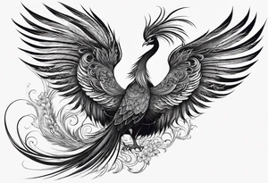 graceful asian style phoenix with extra long tail feathers and a long neck and large feathers tattoo idea