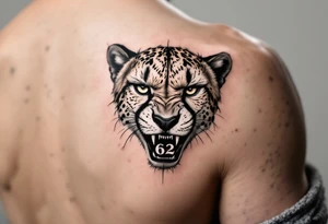 angry cheetah with the number 62 in its mouth tattoo idea