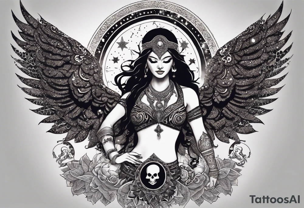 black kali, goddess pirate, alien, angel, pachamama, valkrye, warrior, flying, skull, lotus azul, wing, eagle, zenza resonance, stars, 5D, anahata chakra, death, durga, riding on a tiger, flying lady, chest tatoo tattoo idea