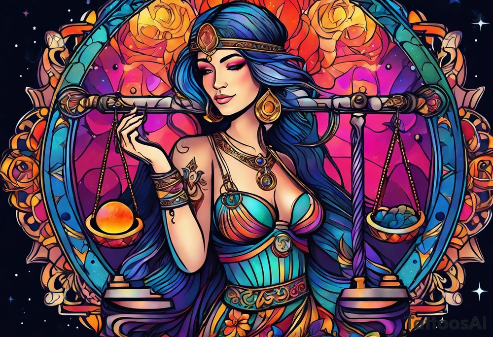 Libra woman holding scales with a night zodiac background including a half moon that encircles half of the woman with vibrant colors tattoo idea