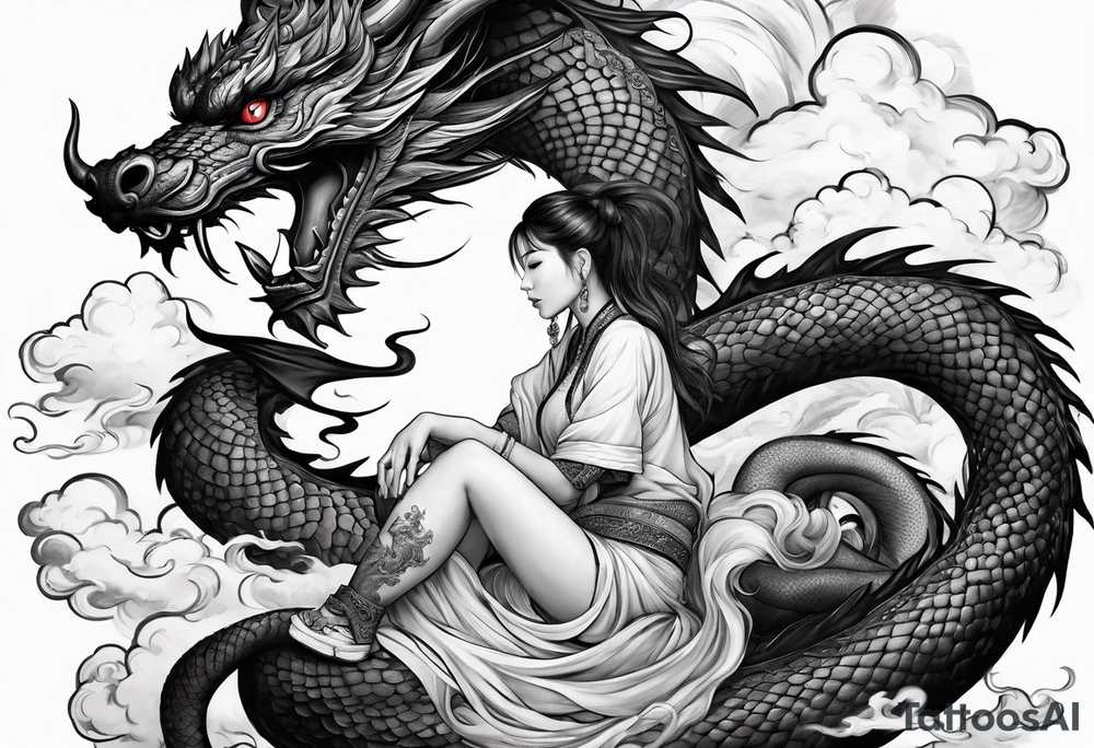 a girl sitting on a asian dragon surrounded by cloud tattoo idea
