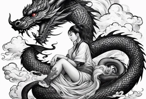 a girl sitting on a asian dragon surrounded by cloud tattoo idea
