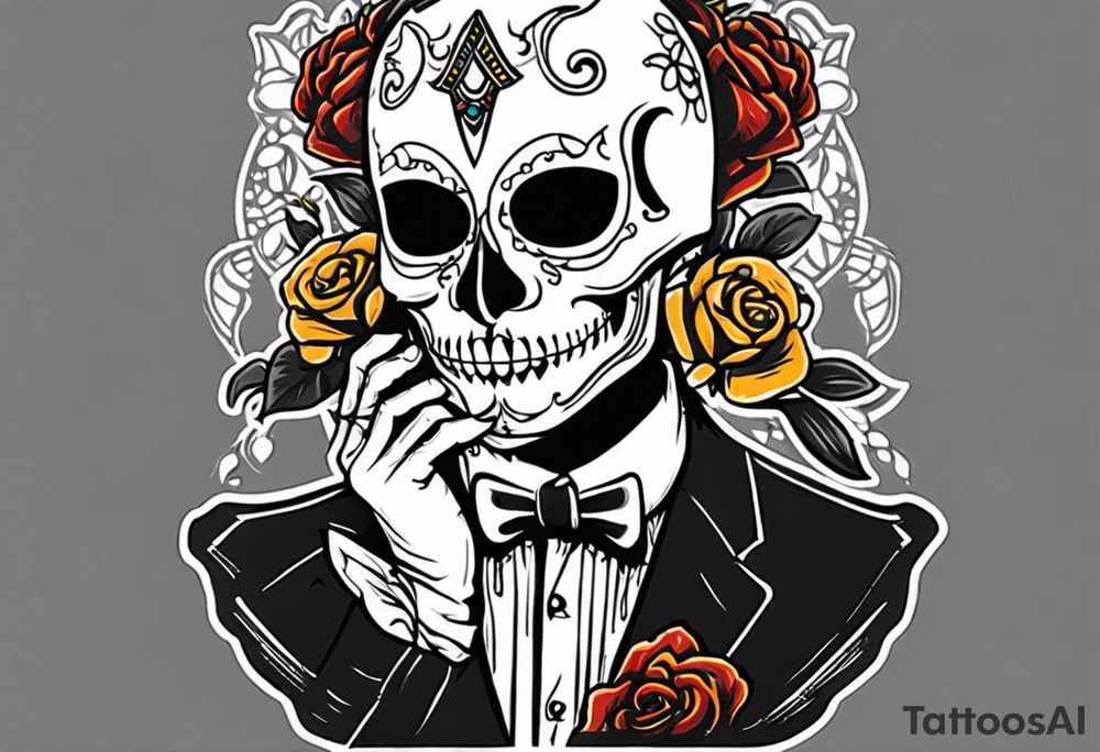 A skeleton removes a masquerade mask from its face tattoo idea