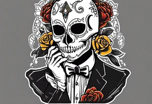 A skeleton removes a masquerade mask from its face tattoo idea