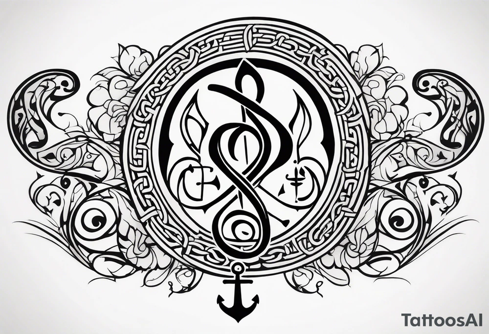 Celtic styling, anchor, compass, bass clef note, treble clef note, dog paw print, half sleeve, forearm tattoo idea