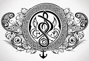 Celtic styling, anchor, compass, bass clef note, treble clef note, dog paw print, half sleeve, forearm tattoo idea