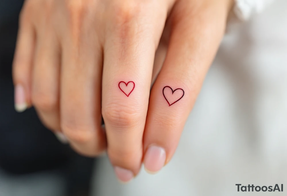 Tiny matching red heart outlines tattooed on the inside of each partner’s ring finger, symbolizing a hidden but everlasting bond. tattoo idea