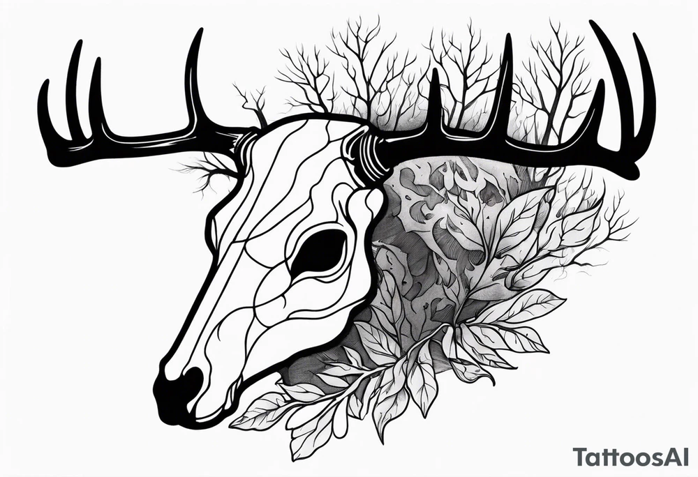 side profile of a deer skull JUST BONE surrounded by a flames and trees tattoo idea
