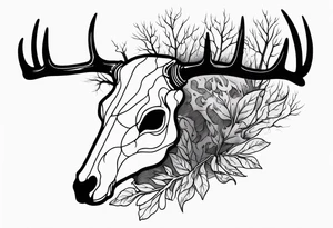 side profile of a deer skull JUST BONE surrounded by a flames and trees tattoo idea
