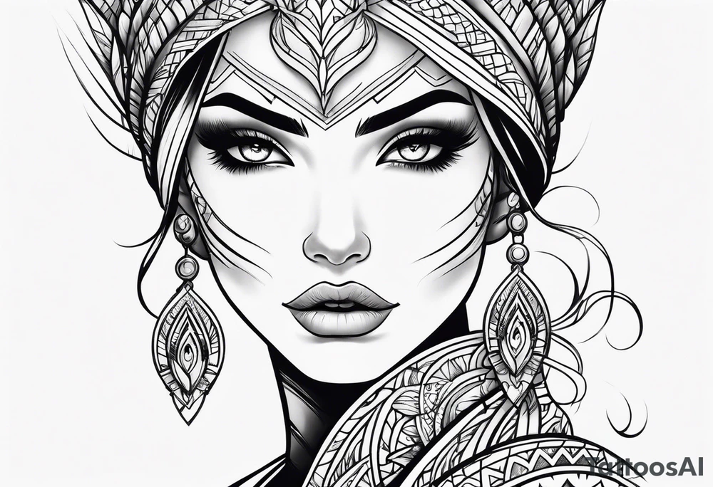 create a fire girl face inspired by Disney movie elements black tattoo idea