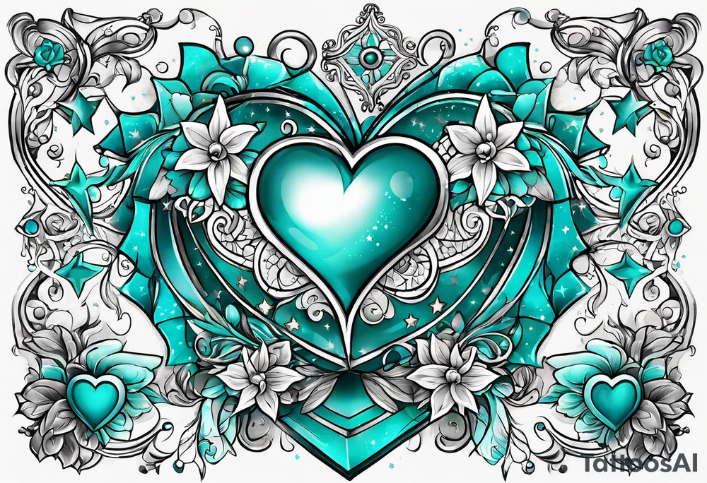 Hearts and stars the name "Drew" teal tattoo idea