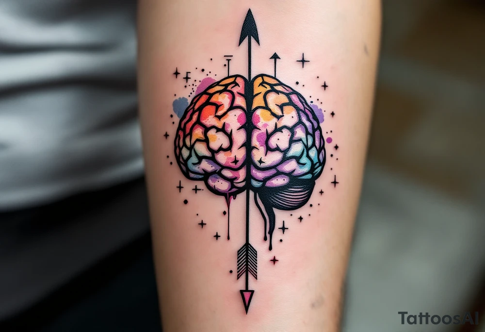 A front-seen brain in geometric and straight lines, with few watercolor details but mostly black, math symbols arround, the phrase "Aut inveniam viam aut faciam" and a detailed arrow crossing from above with watercolors leaking from its tip tattoo idea