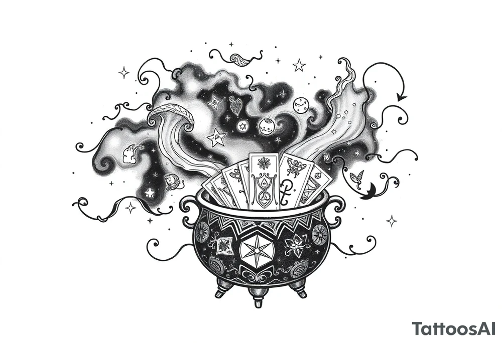 Milky way galaxy filled with zodiac symbols runes tarot cards coming out of a cauldron tattoo idea