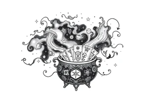 Milky way galaxy filled with zodiac symbols runes tarot cards coming out of a cauldron tattoo idea