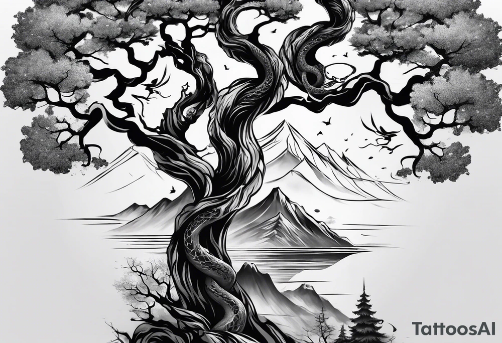 Full arm sleeve, tree going up to shoulder dead tree going down to wrist, wrapped in a serpent moving down with mountain, water, and demon tattoo idea