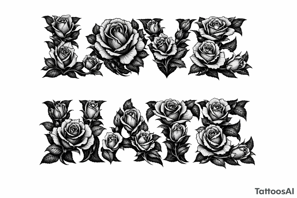 Blooming roses forming the letters of love/hate
delicate script.to much tattoo idea