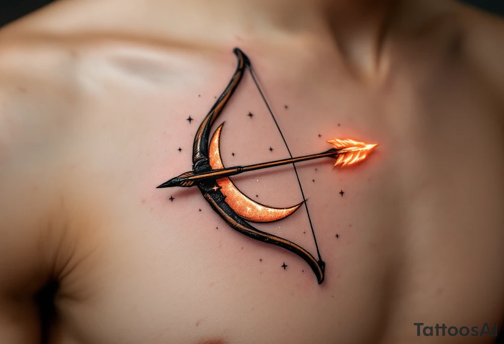 A realistic bow and arrow, with the arrow’s tip shooting through a crescent moon. The bow is detailed with wooden textures, and the arrow glows with a fiery orange hue, symbolizing Sagittarius' adventurous spirit and fiery nature. Surrounding the bow are small stars in silver to evoke the constellation. tattoo idea