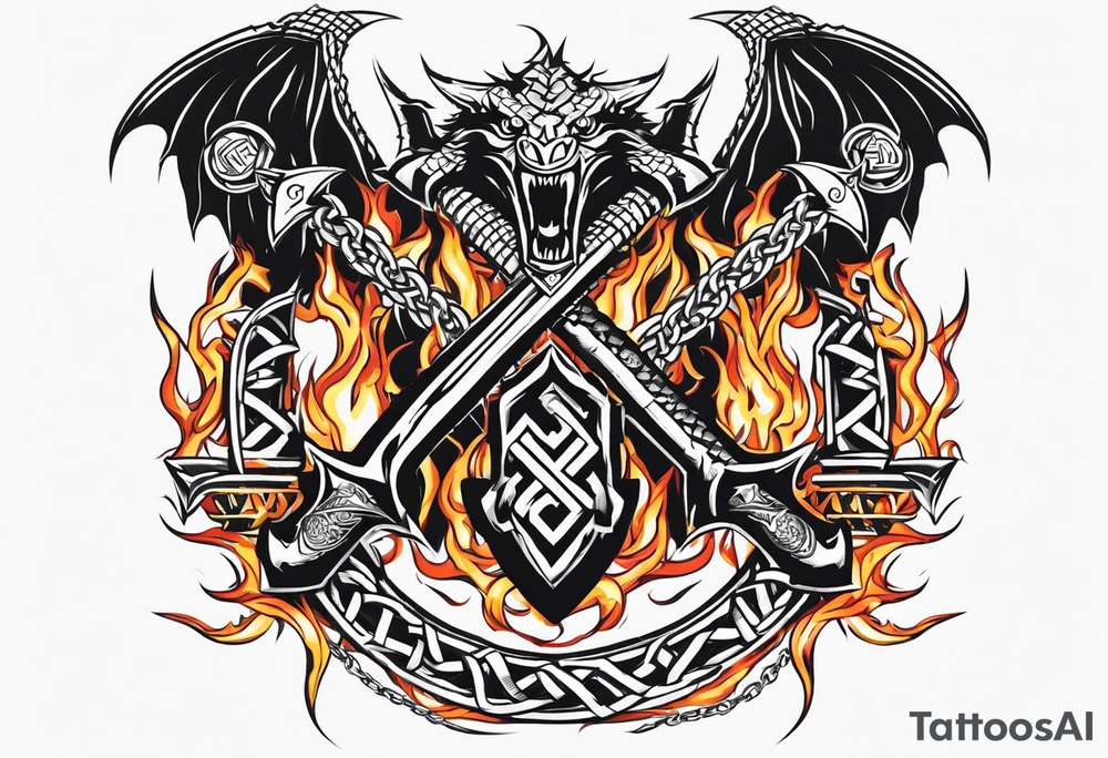 Valhalla sword shield dragon axe Valknut barbed wire chains fire tattoo idea Valhalla sword shield dragon axe Valknut barbed wire chains fire tattoo idea