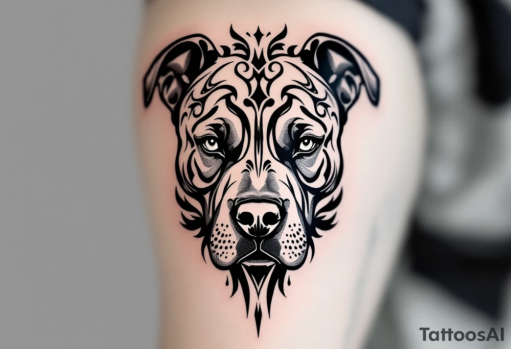 Realistic pitbull bust with tribal patterns, grayscale pitbull head seamlessly merging into black tribal swirls and geometric motifs. tattoo idea