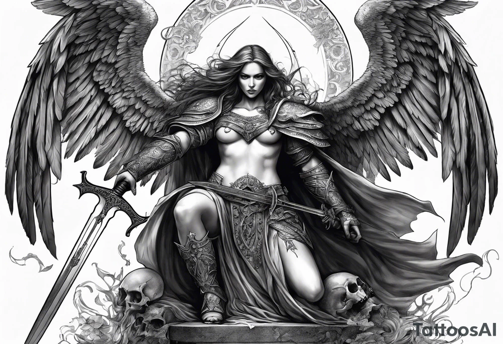 realistic angel of death, full body, without face, holding one sword in both hands, sword pointing downwards, skulls lying on the ground tattoo idea