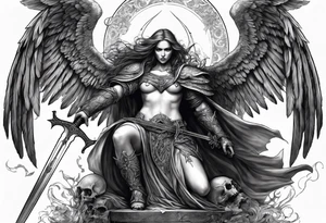 realistic angel of death, full body, without face, holding one sword in both hands, sword pointing downwards, skulls lying on the ground tattoo idea