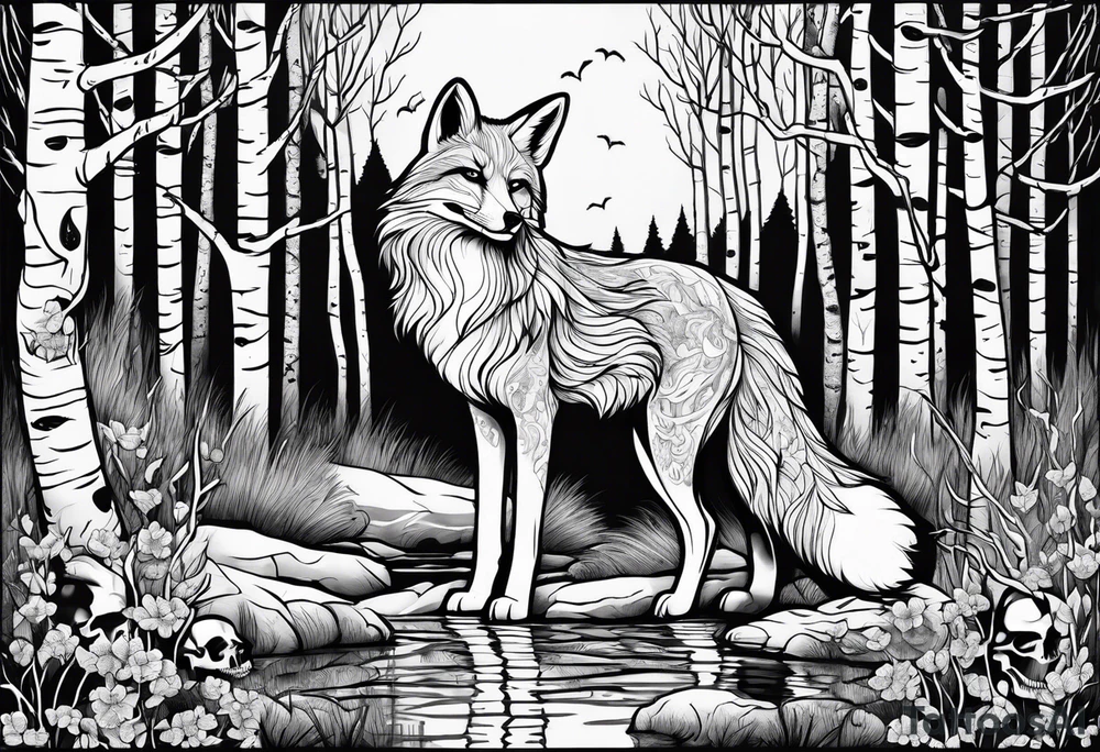 Creepy evil fox in birch woods skulls swamp tattoo idea