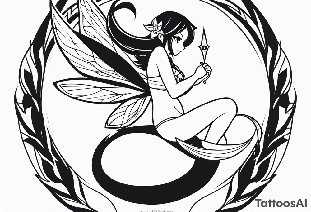 A fairy with a tail inspired by the logo of the show called Fairy Tail in a fetal position tattoo idea