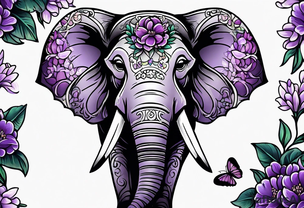 Elephant face half covered with lilacs tattoo idea